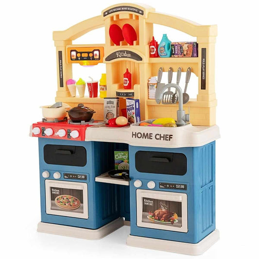 Žaislinė Vaikiška Virtuvėlė Su Garso Ir Švieos Efektais 69 Priedai Mėlyna Vaikiškos Virtuvėlės