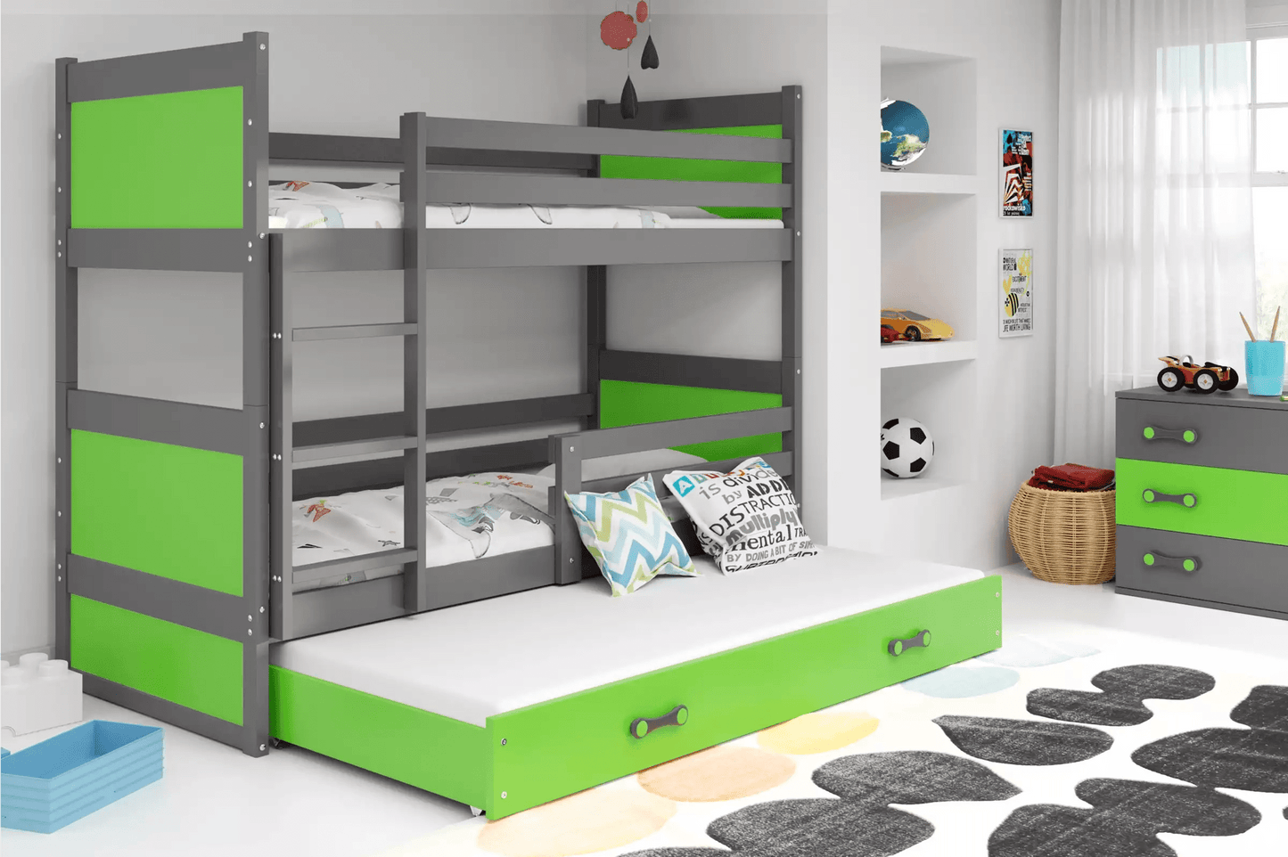 Lova "Rico" Trivietė Arba Su Stalčiumi 80 x 160-200cm Pilkas Rėmas Beds & Bed Frames 80 x 160 / Su Papildoma Vieta Miegui / Žalia