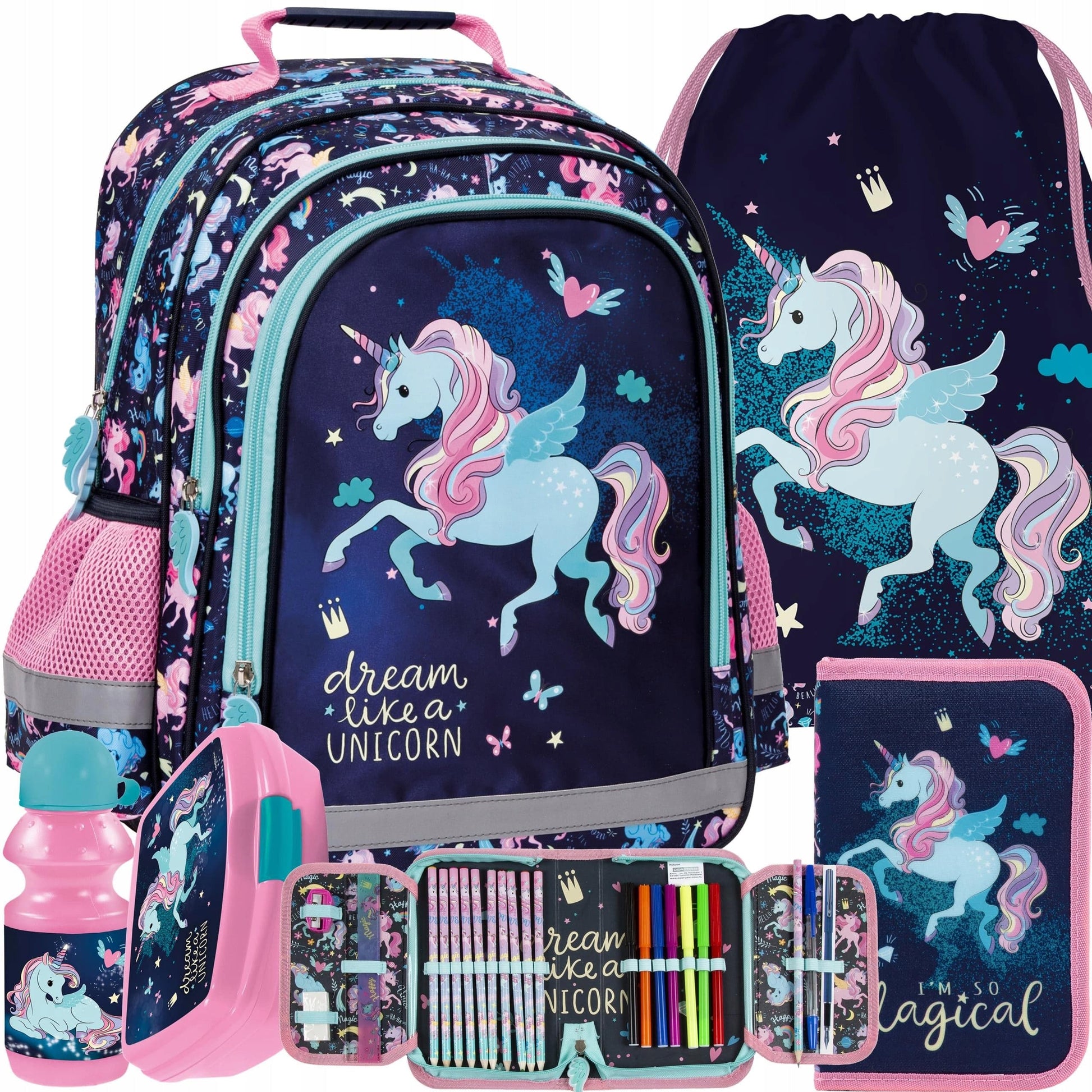 Mokyklinis rinkinys kuprinė, Penalas su Visais priedais, Sportinis krepšys, Gertuvė, Pietų Dėžutė Backpacks